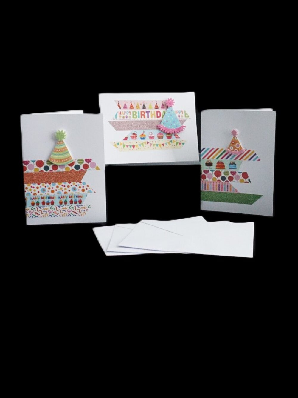 3 Handmade Birthday Greeting Card and Note Cards 4x5.5 Washi Tape Birthday Hats